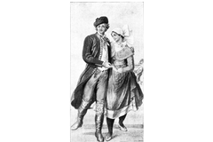 P. Maixner: Tanec obkročák (kovář), akvarel.<br />  Zdroj: Jak se kdy v Čechách tancovalo.<br />  