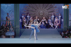 Pas de deux Modrého ptáka a princezny Floriny z baletu Spící krasavice (Národní divadlo Praha). Foto ze streamu.