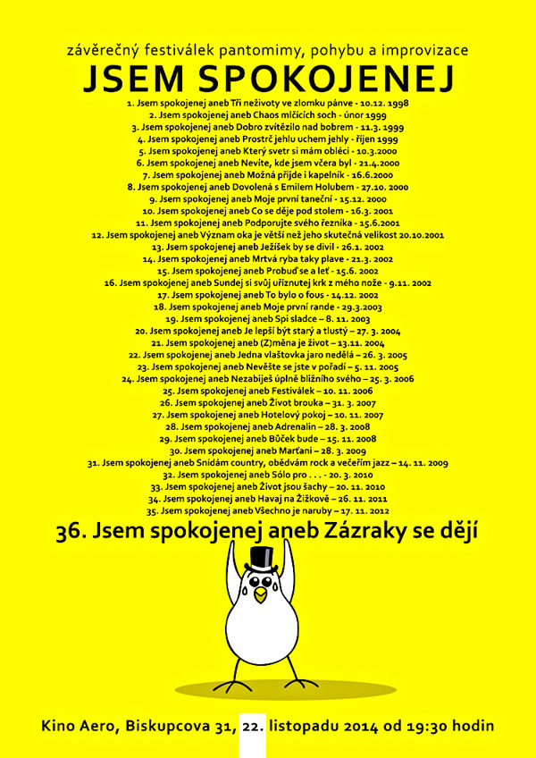 Šestatřicátý ročník festivalu pantomimy, pohybu a improvizace, festiválek „Jsem spokojenej aneb …“ je zároveň posledním
