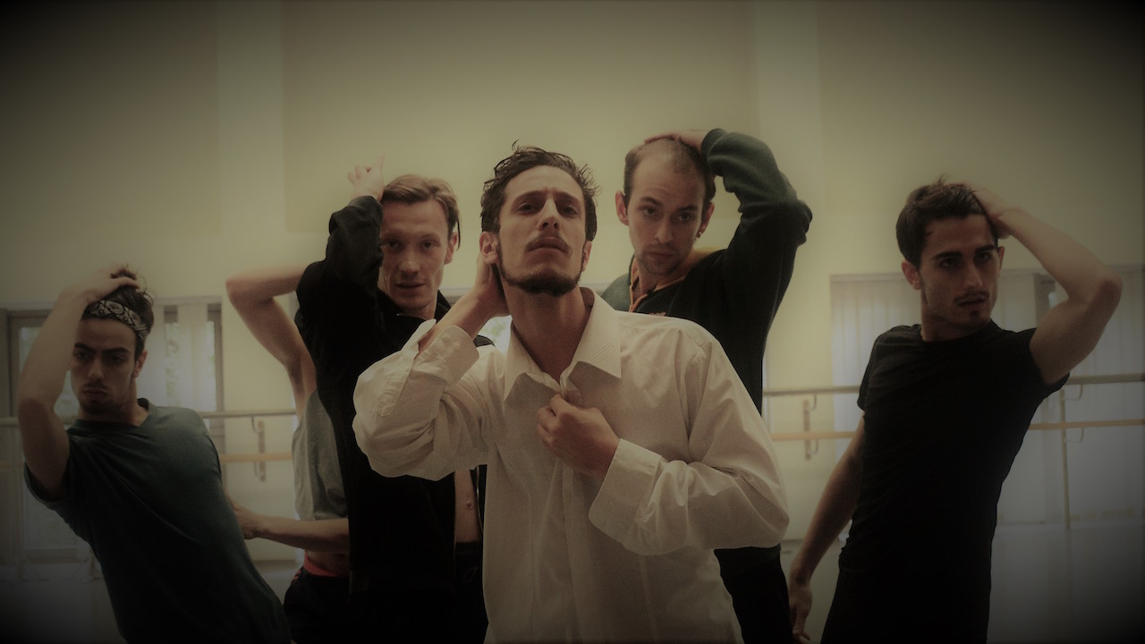 Fotografie ze zkoušky Après rasage, zleva Gerardo Gonzales Villaverde, Stéphane Aubry, Stefano Pietragalla, Yago Catalinas Heredia, Giacomo Quatraccioni, Foto: Lenka Dřímalová